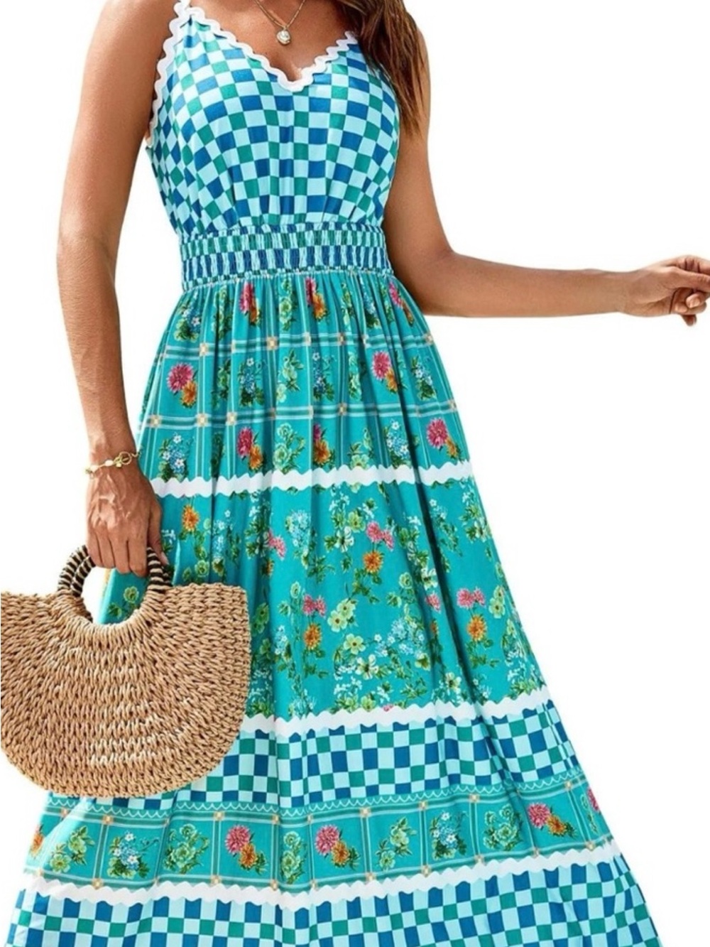 Grace Karin Turquoise Blue Floral Checkered Maxi Dress-measurements in photos